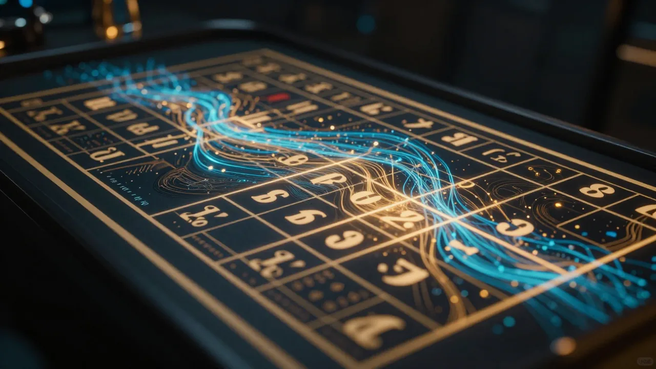 Abstract glowing lottery number grid with a data analysis interface