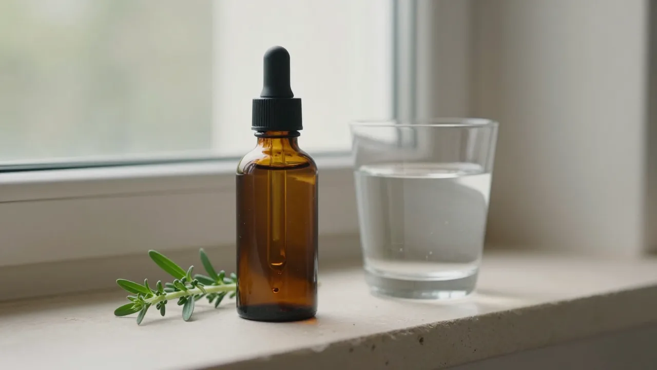 Amber glass dropper bottle on a pale stone shelf beside fresh green herbs and a glass of water