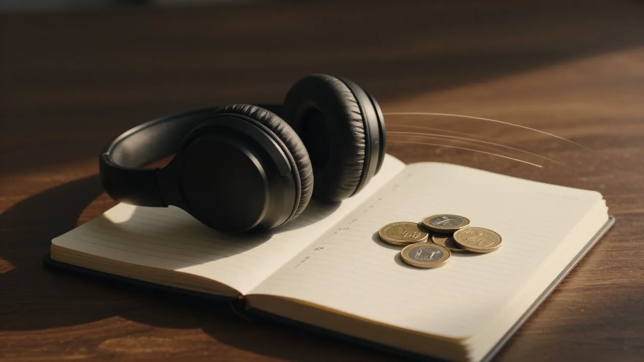Headphones beside a glowing notebook and scattered coins