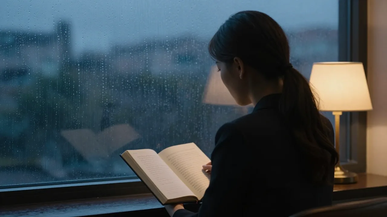 Woman sitting thoughtfully beside a window with a journal
