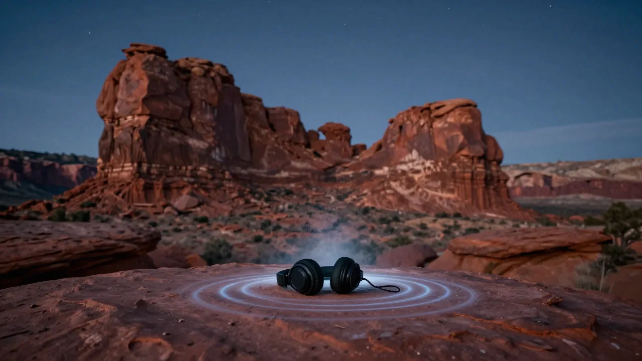 Over-ear headphones resting on red desert sandstone at dusk with faint rings of light rising from the ground