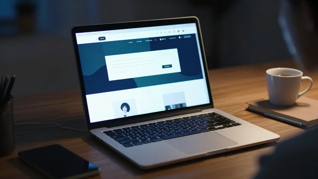 Laptop and notebook beside a glowing blog dashboard at night
