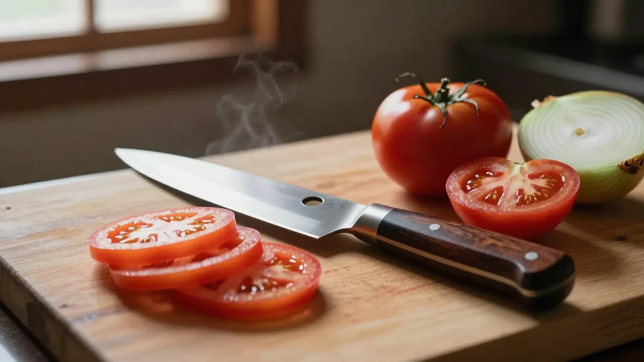 Japanese style chef knife with a round finger hole in the blade, dark wood handle, resting on a wooden board beside sliced tomato and onion