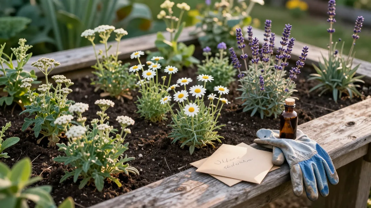 Backyard medicinal herb garden at golden hour with yarrow and chamomile, plain unlabeled paper seed envelopes on a weathered wooden bench