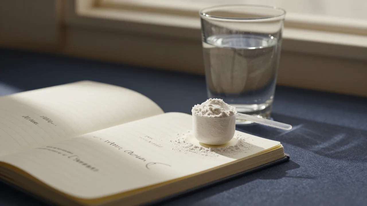 Scoop of powder beside a glass of water and a notebook