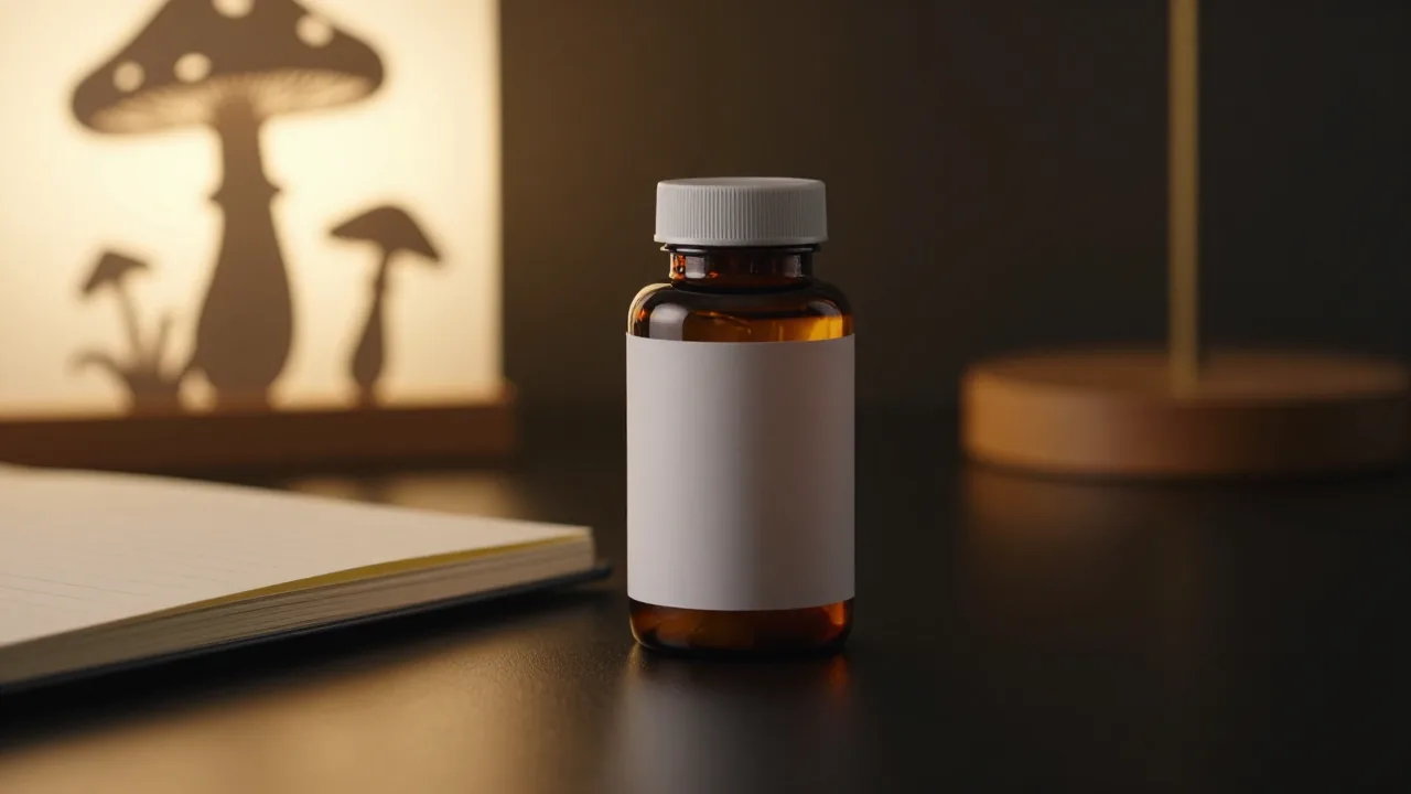 Unbranded amber supplement bottle beside a notebook