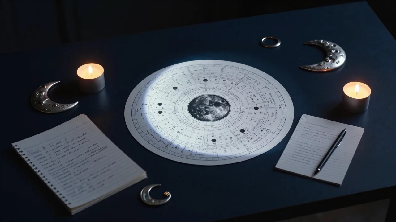 Moonlit desk with a birth chart, candle and silver moon phases