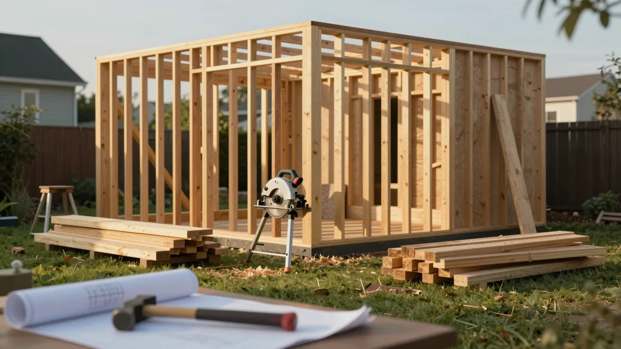 Half built wooden shed frame standing in a back garden at golden hour, lumber and tools on the grass