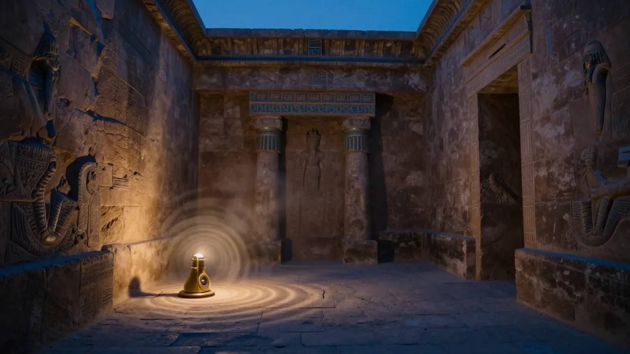 Ancient Egyptian inspired chamber with glowing sound waves