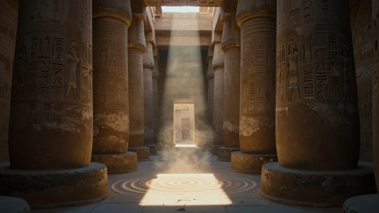 Sunlit stone corridor of an ancient Egyptian temple with carved hieroglyph walls and a single beam of light