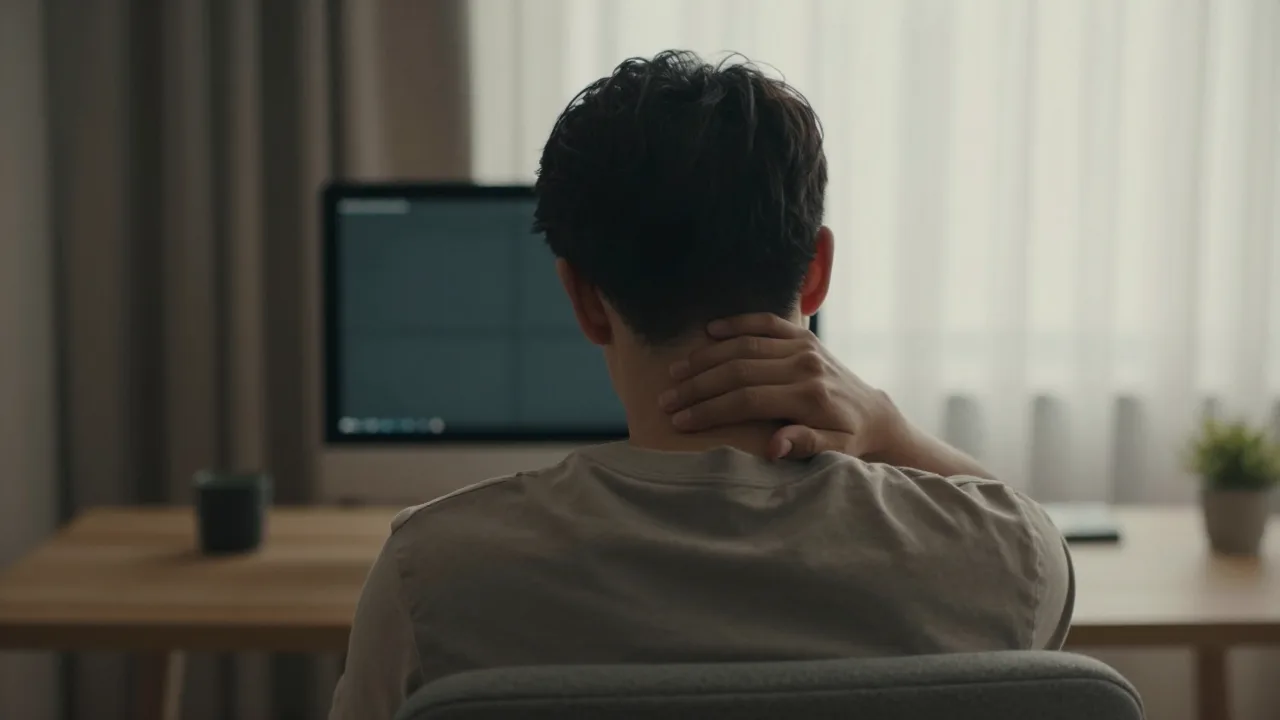 Person sitting calmly in a softly lit room after screen-heavy work