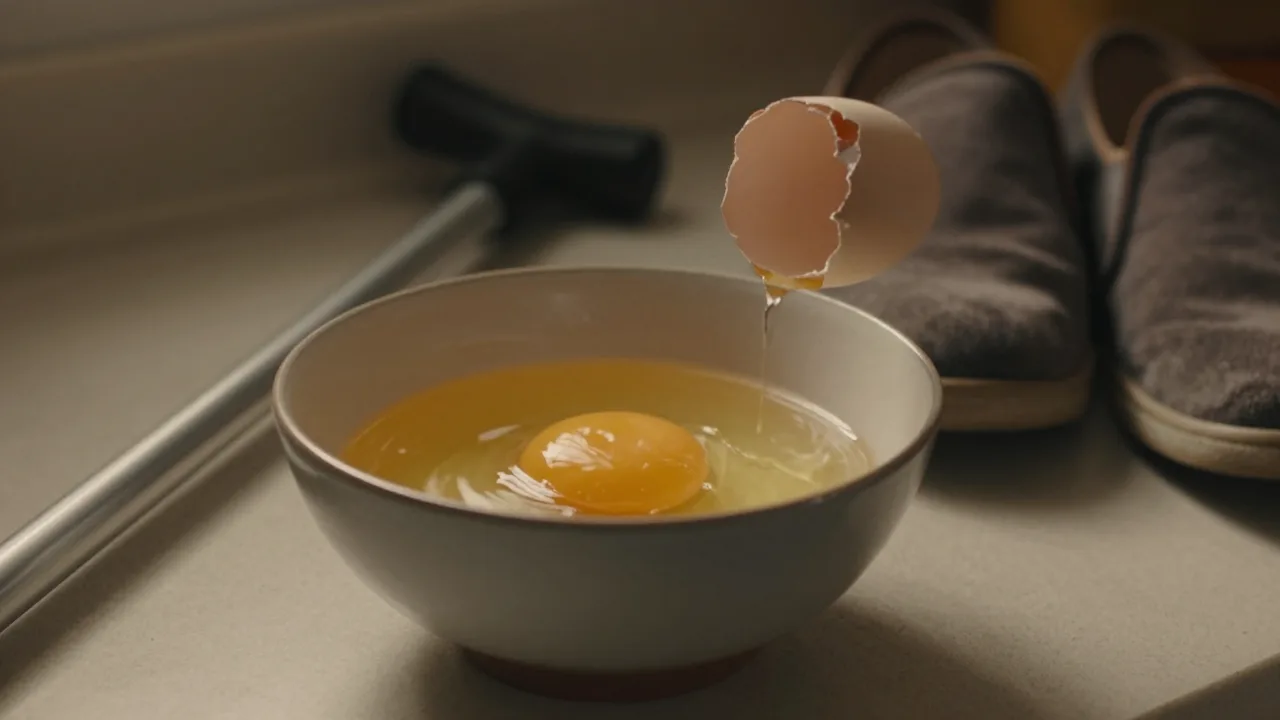 Egg yolk beside a walking cane in warm kitchen light