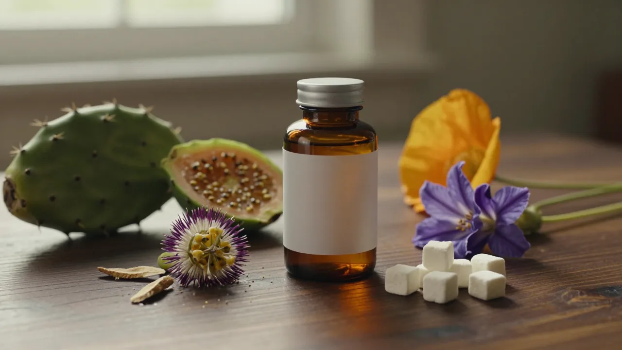 Amber botanical supplement scene with a blank bottle and flowering plants