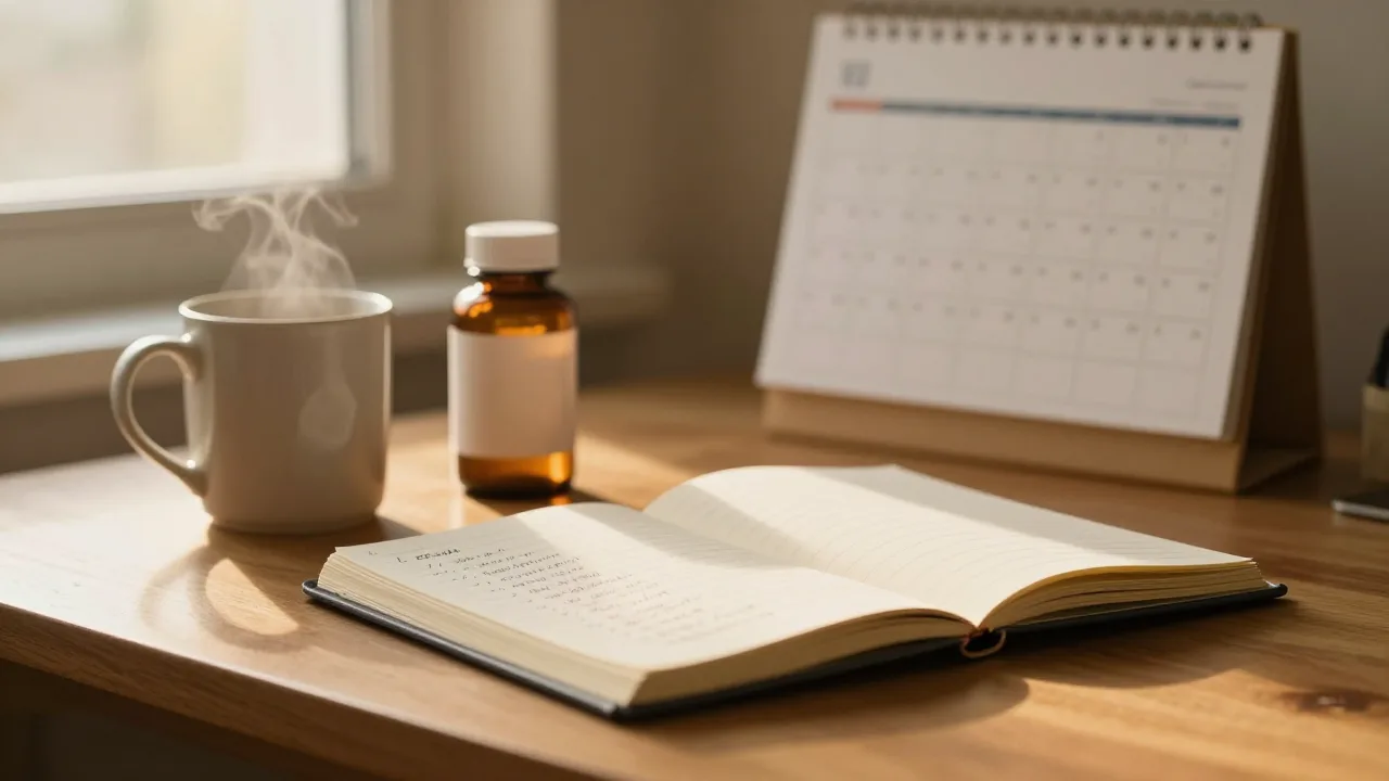 Open notebook with a short checklist, a steaming mug and a plain supplement bottle on a desk in late afternoon light