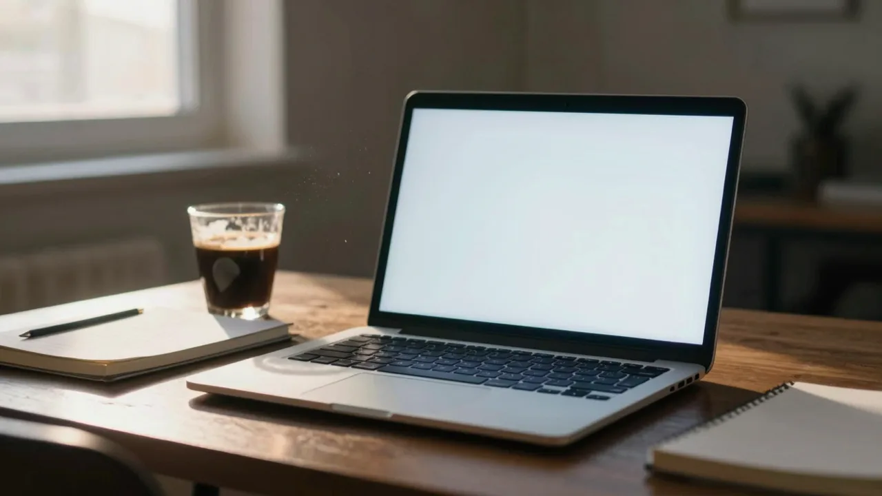 Dark desk at dawn with a laptop showing a nearly empty glowing screen and a cold cup of coffee
