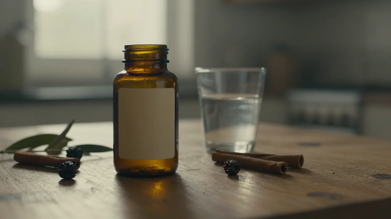 Amber supplement bottle on a wooden kitchen table at dawn beside dried olive leaves and a glass of water