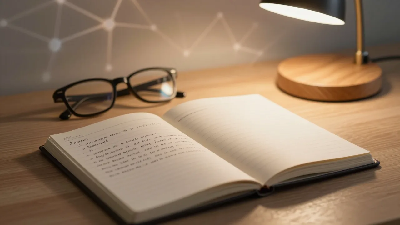 Notebook, reading glasses and a softly lit desk