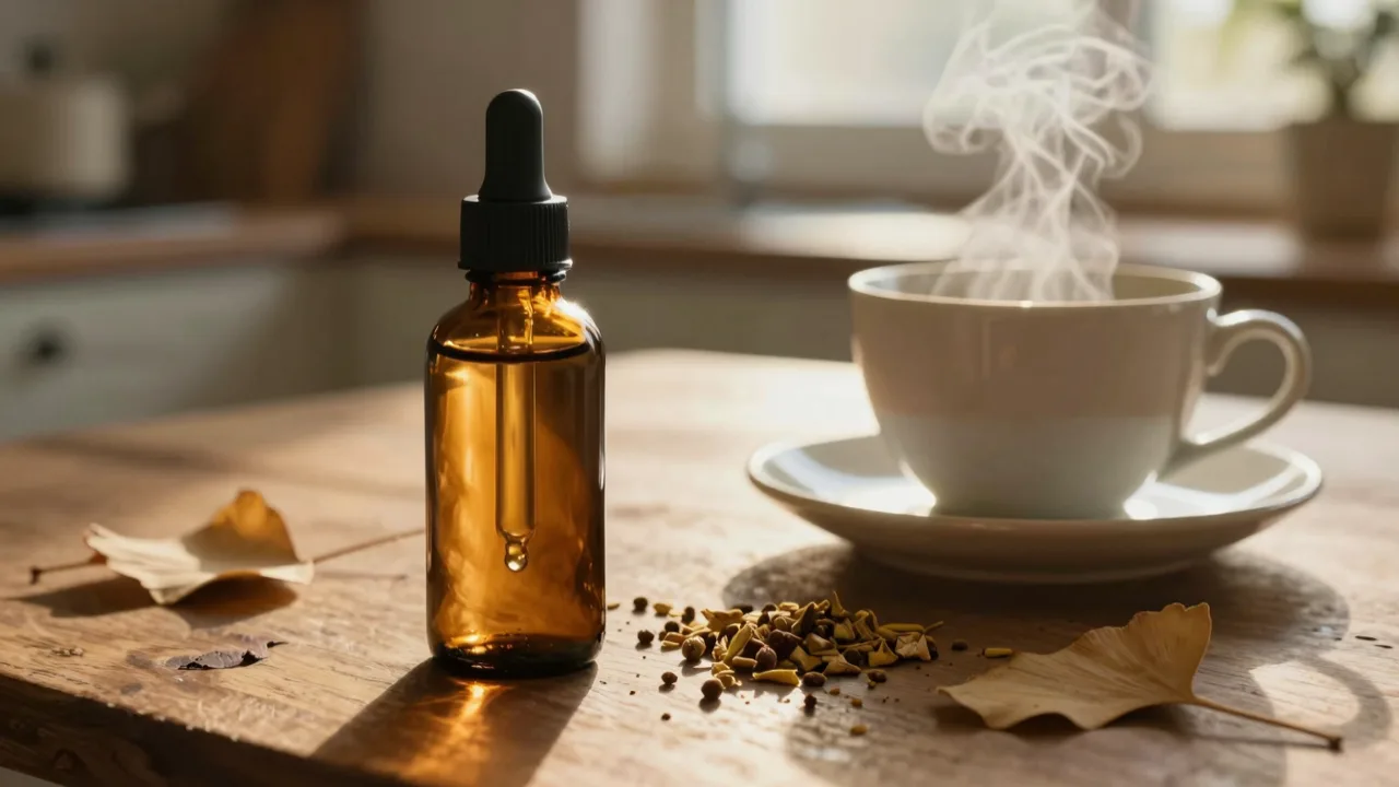 Amber glass dropper bottle on a wooden kitchen table in early morning light, beside a coffee cup and fresh green leaves