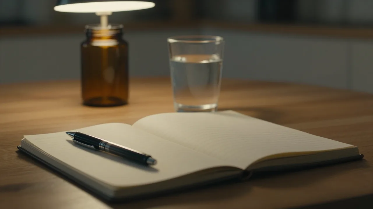 Open notebook and a glass of water on a kitchen table late at night
