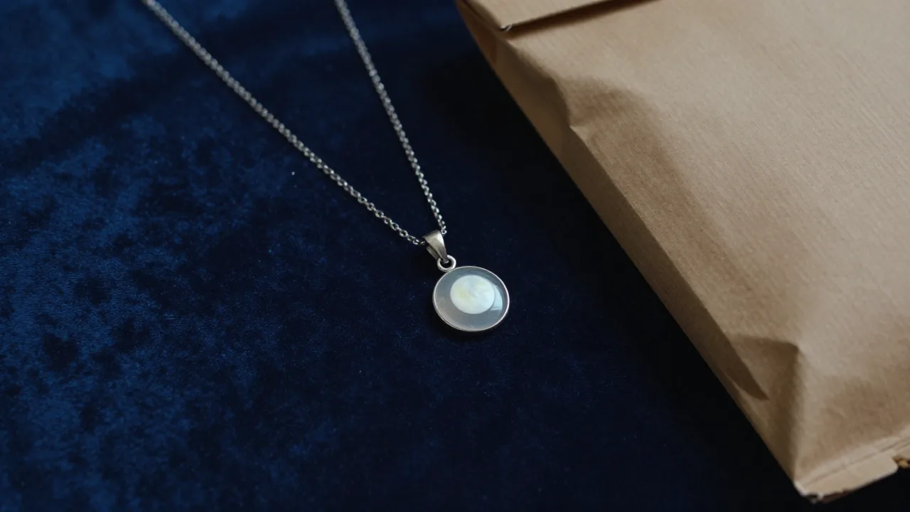 Symbolic pendant resting on dark velvet beside a sealed parcel