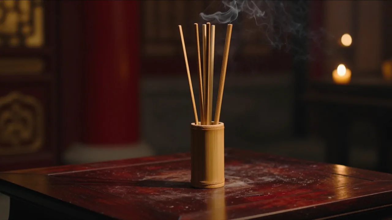 Bamboo fortune sticks rising from a dark temple cylinder