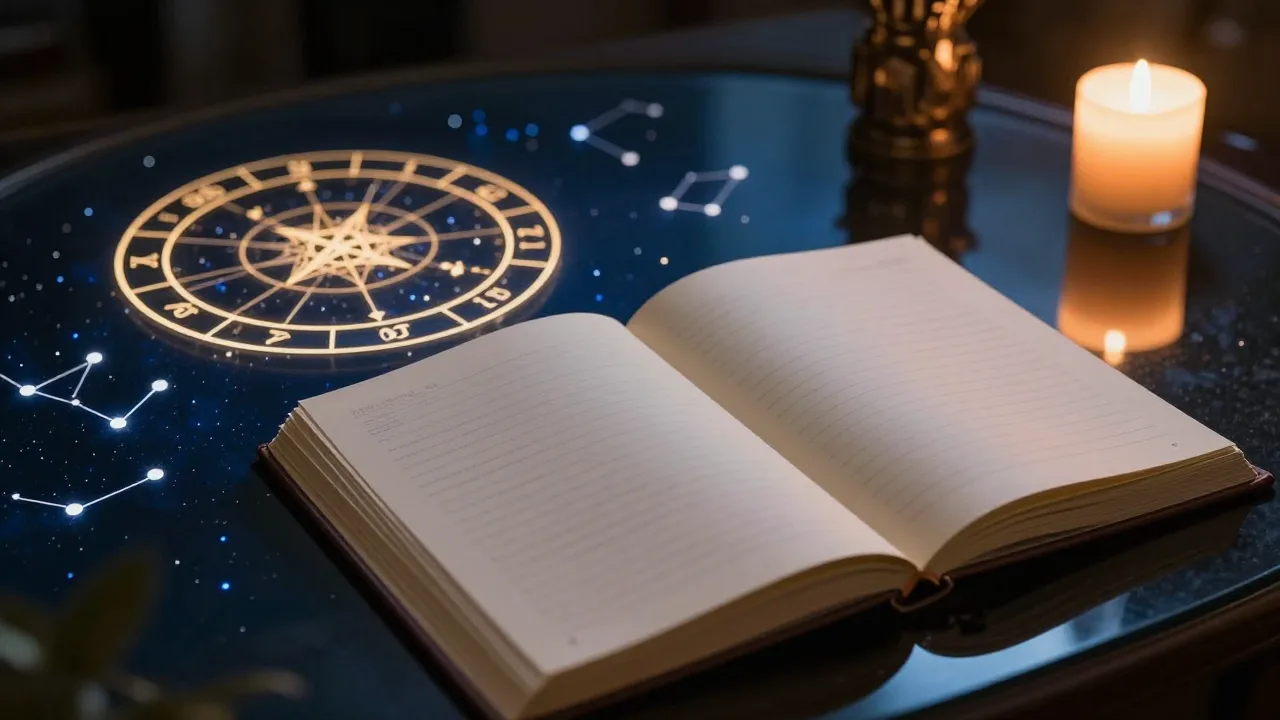 Moonlit zodiac chart beside an open journal