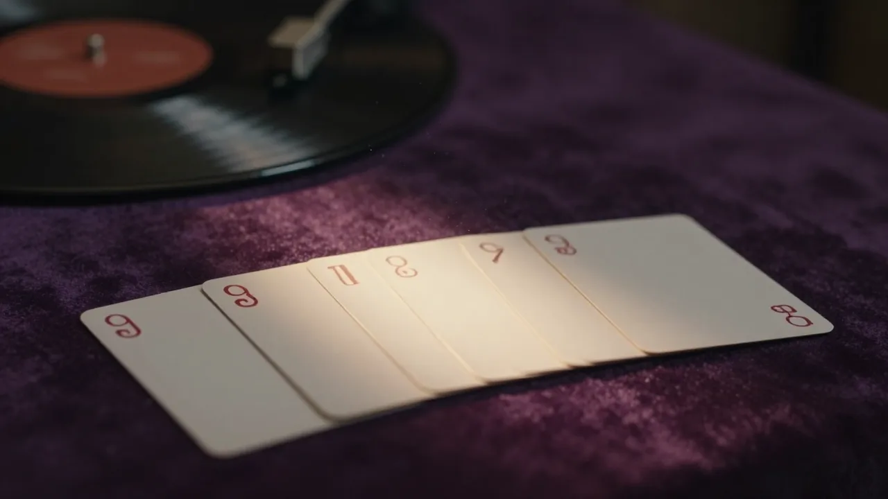 Five face down cards on dark velvet with a faint glowing numeral above them