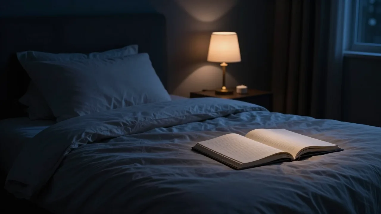 Moonlit bedroom with a journal, soft golden light and no visible person