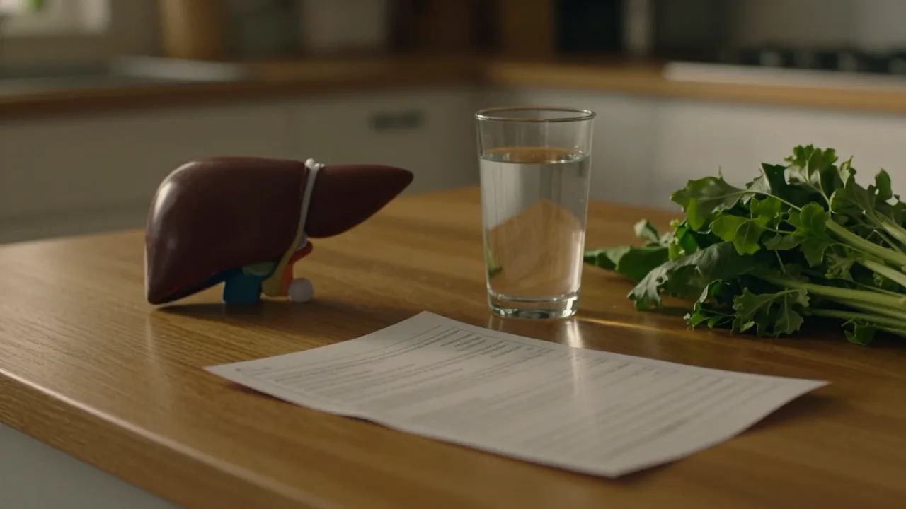 Anatomical liver model resting on a kitchen table beside a glass of water and fresh green vegetables at dawn