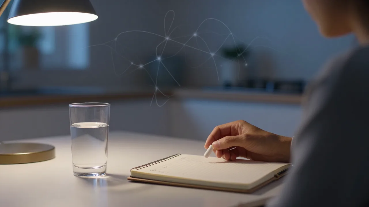 Person considering a nerve health supplement beside a glowing glass of water