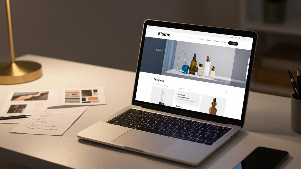 Laptop showing an online store setup workspace beside product notes