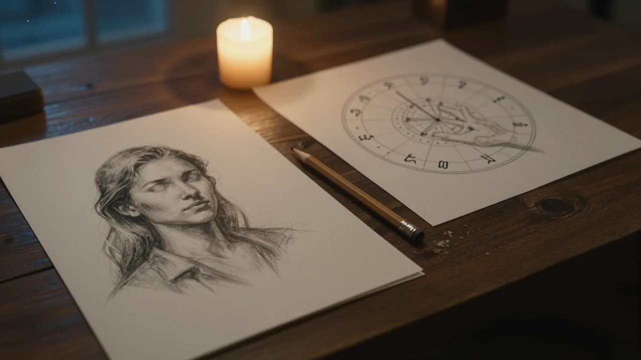 Charcoal portrait half drawn on sketch paper next to an open star chart, face turned away