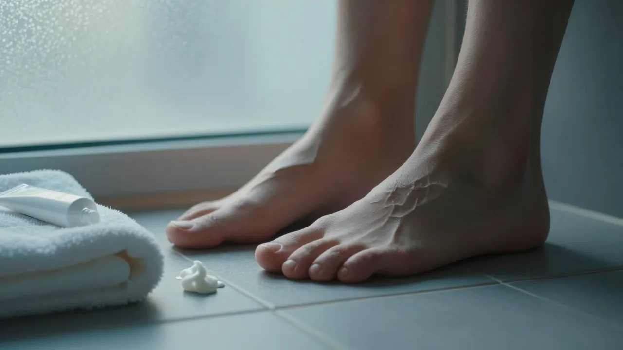 Bare feet on cool bathroom tiles with the toes half hidden in shadow