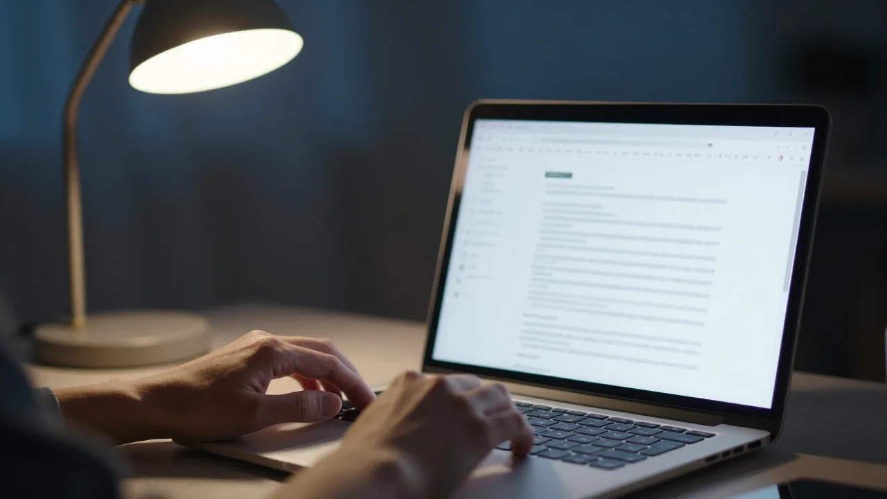 Writer reviewing online job offer details at a desk