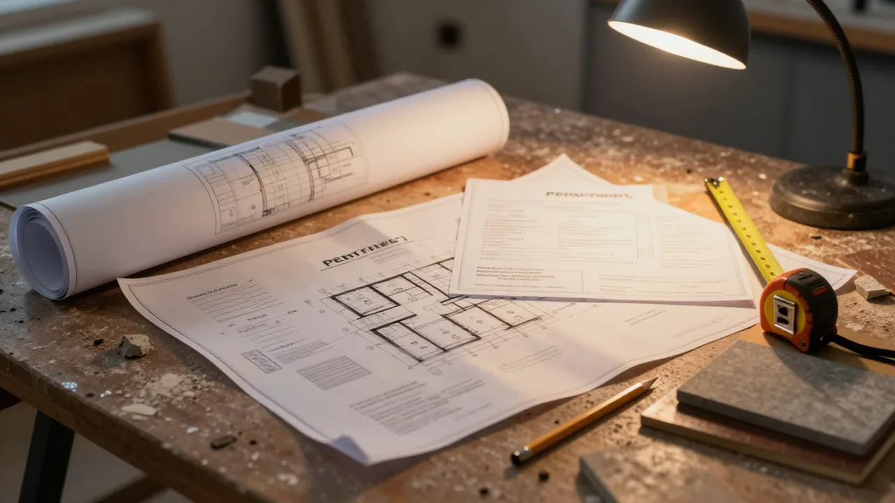 Blueprint, measuring tape, permit paperwork, and renovation materials on a workbench
