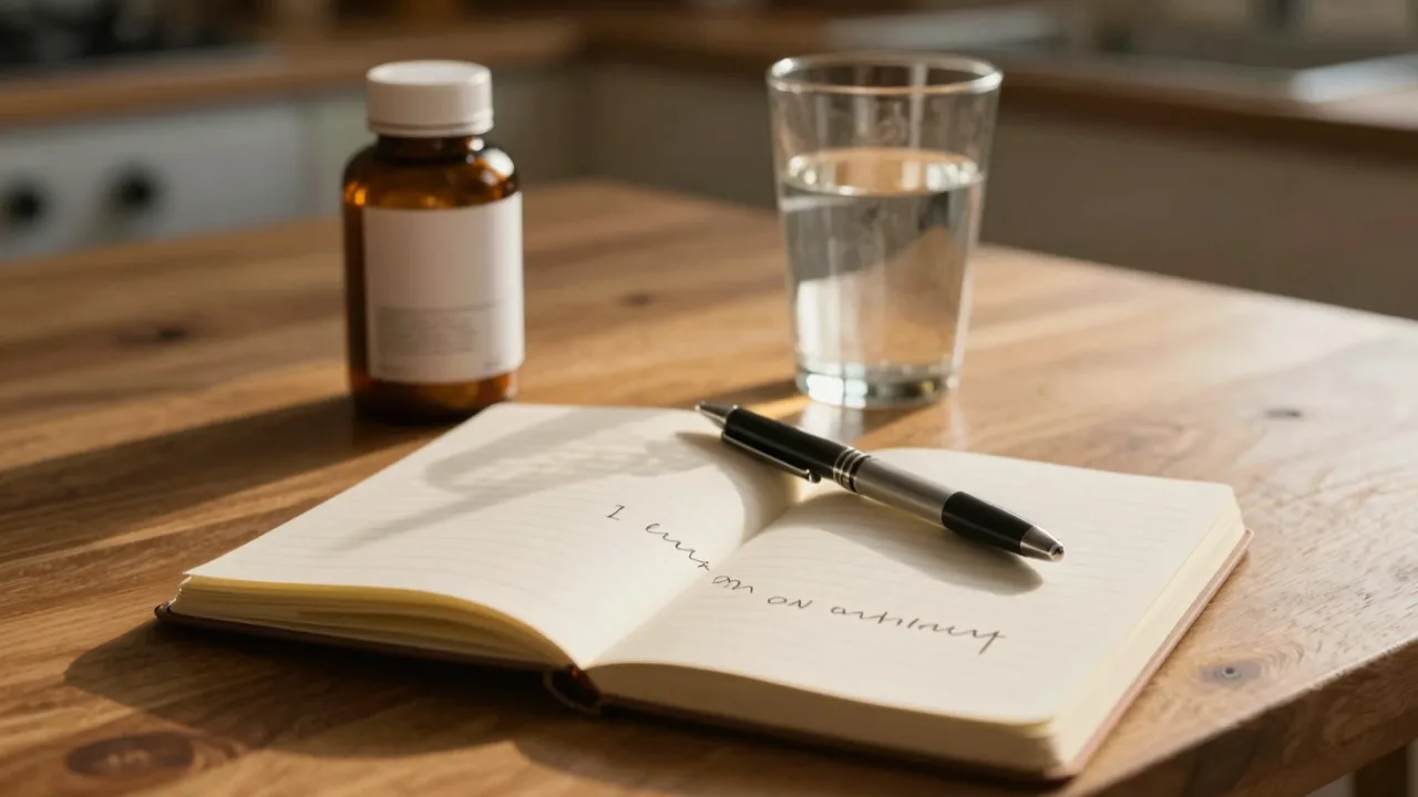 Open notebook with a half written sentence beside a glass of water and scattered tablets on a wooden table
