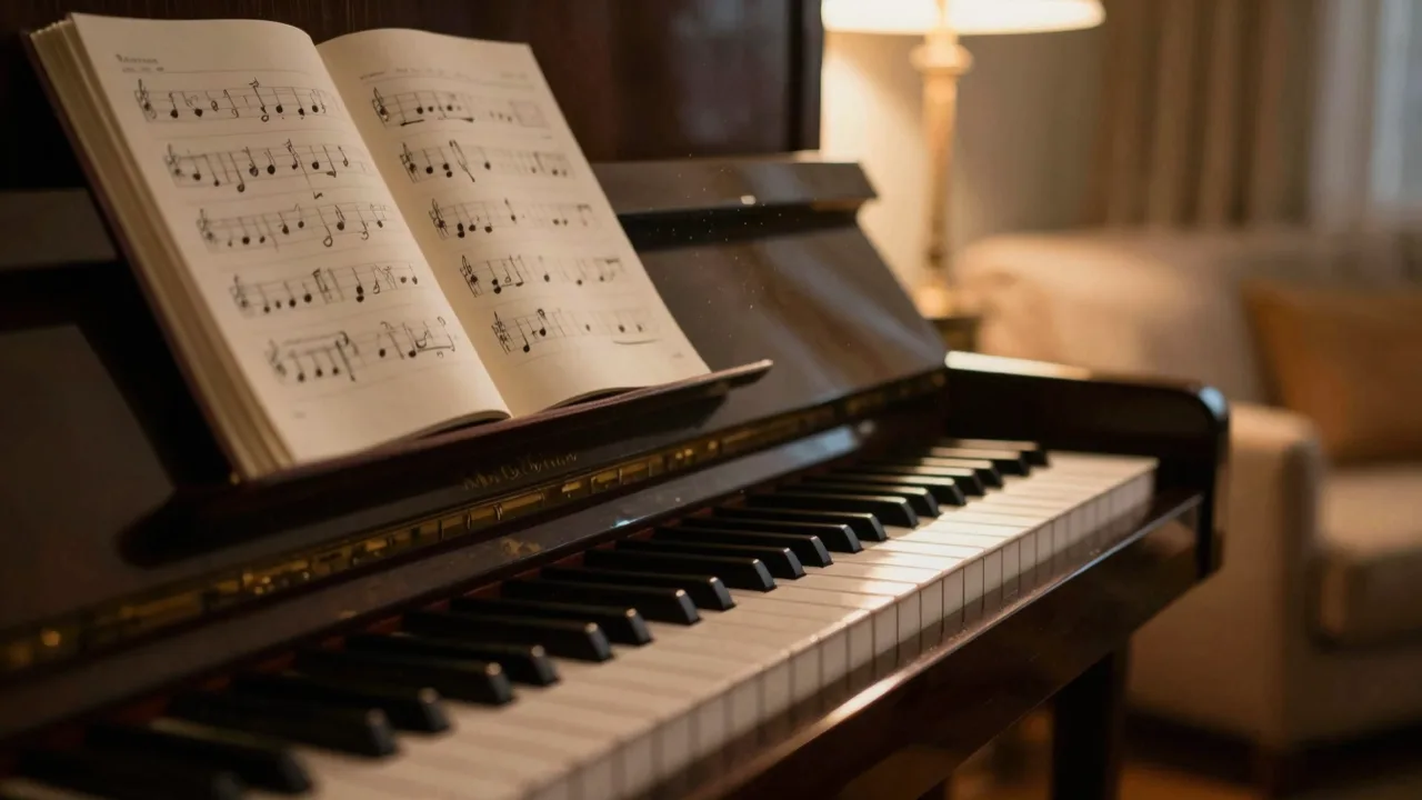 Close view of piano keys lit by a warm lamp in a quiet living room at night
