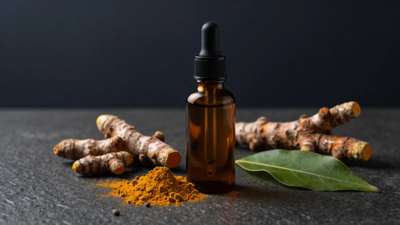 Amber dropper bottle beside herbs in soft light