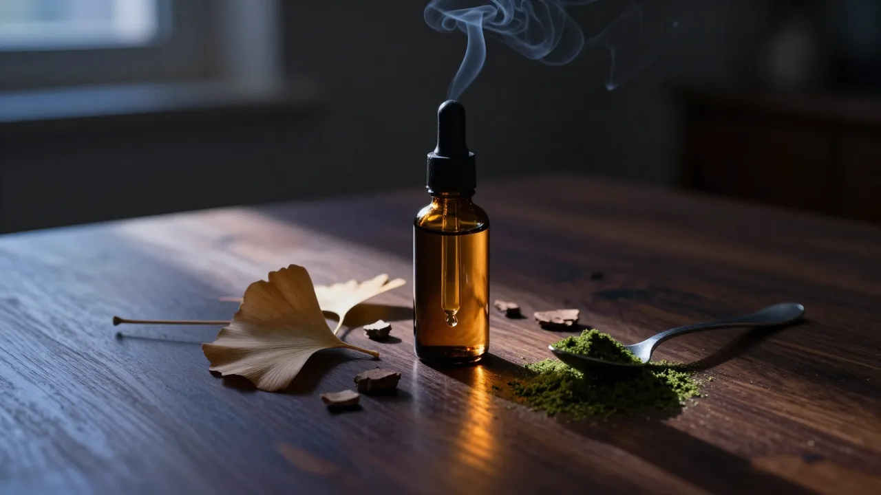 Amber glass dropper bottle on dark wood with pine bark and dried leaves in indigo light