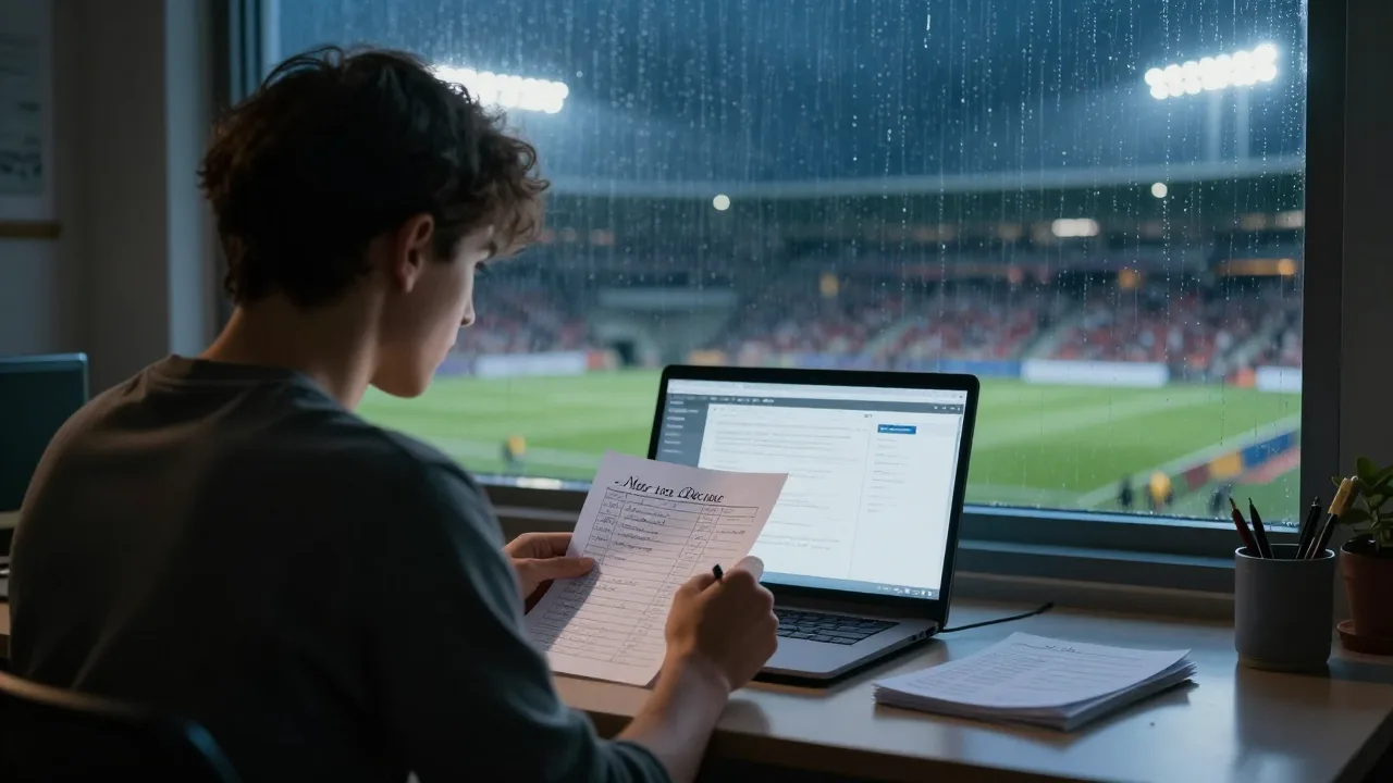 Faceless sports fan studying betting notes under stadium lights