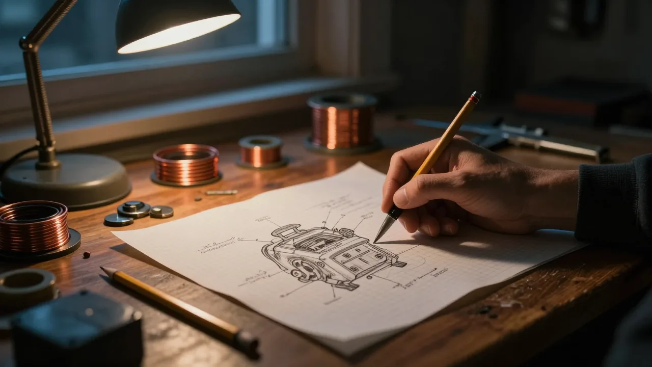 Hand drawn generator schematic on a workbench beside copper wire, magnets and a pencil, lit by one lamp