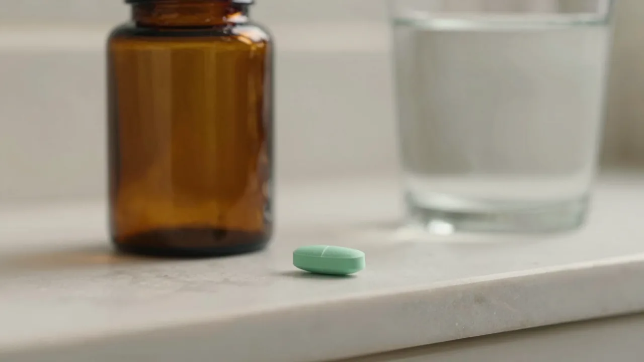 A single mint green probiotic candy tablet resting on a pale bathroom shelf beside a glass of water