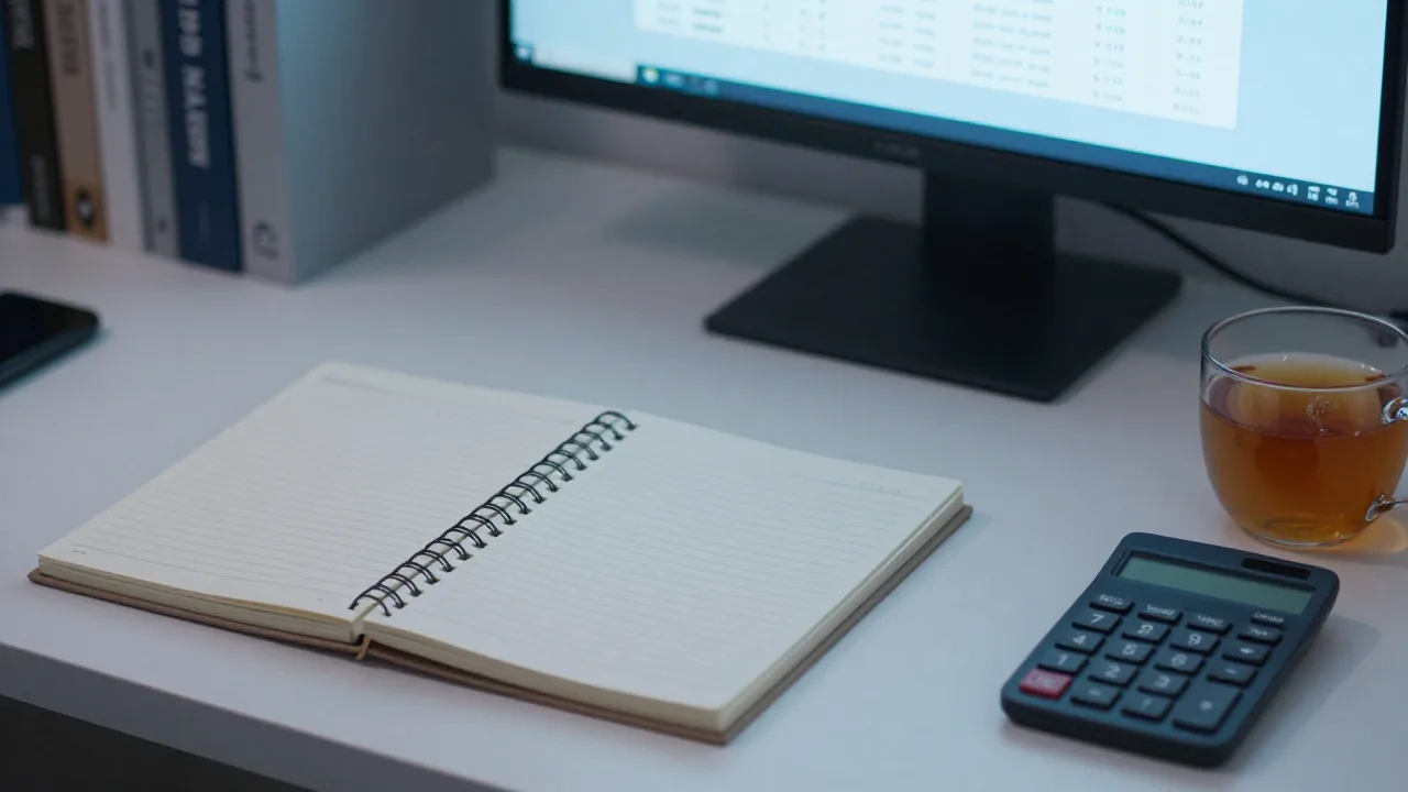 Notebook, betting odds screen and calculator on a desk