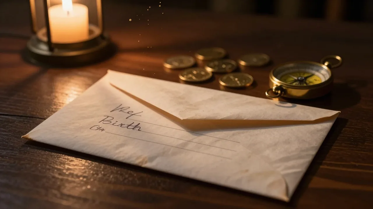 Handwritten birth date on an old envelope beside scattered gold coins under warm lamp light