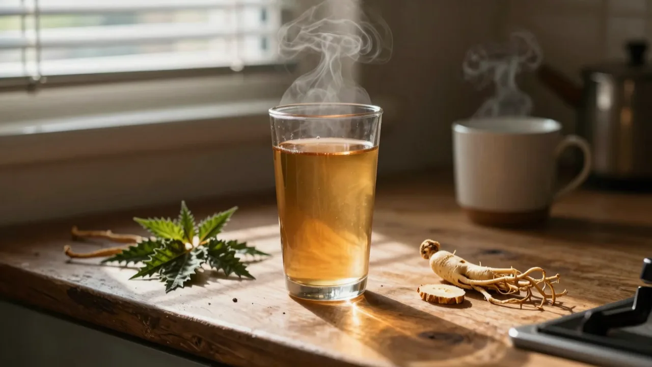 A single glass of amber-coloured drink on a kitchen counter at dawn, next to scattered dried roots and herbs