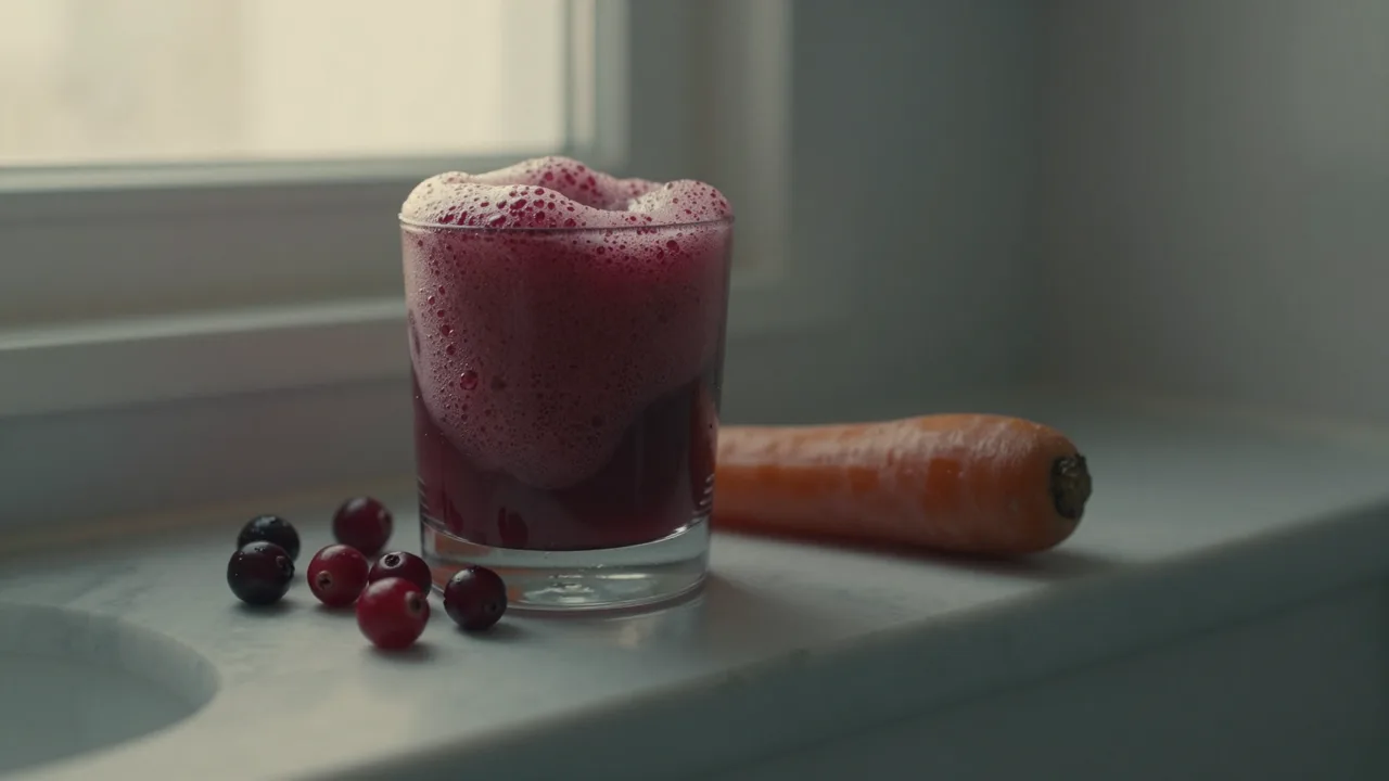 A red foam swirling in a glass on a bathroom shelf at dawn, beside fresh cranberries and mint