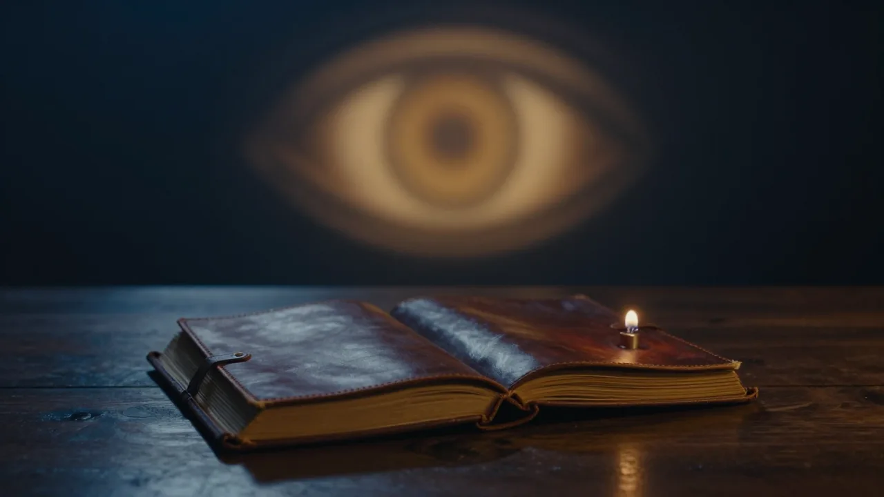 Candlelit journal beside a glowing abstract eye symbol