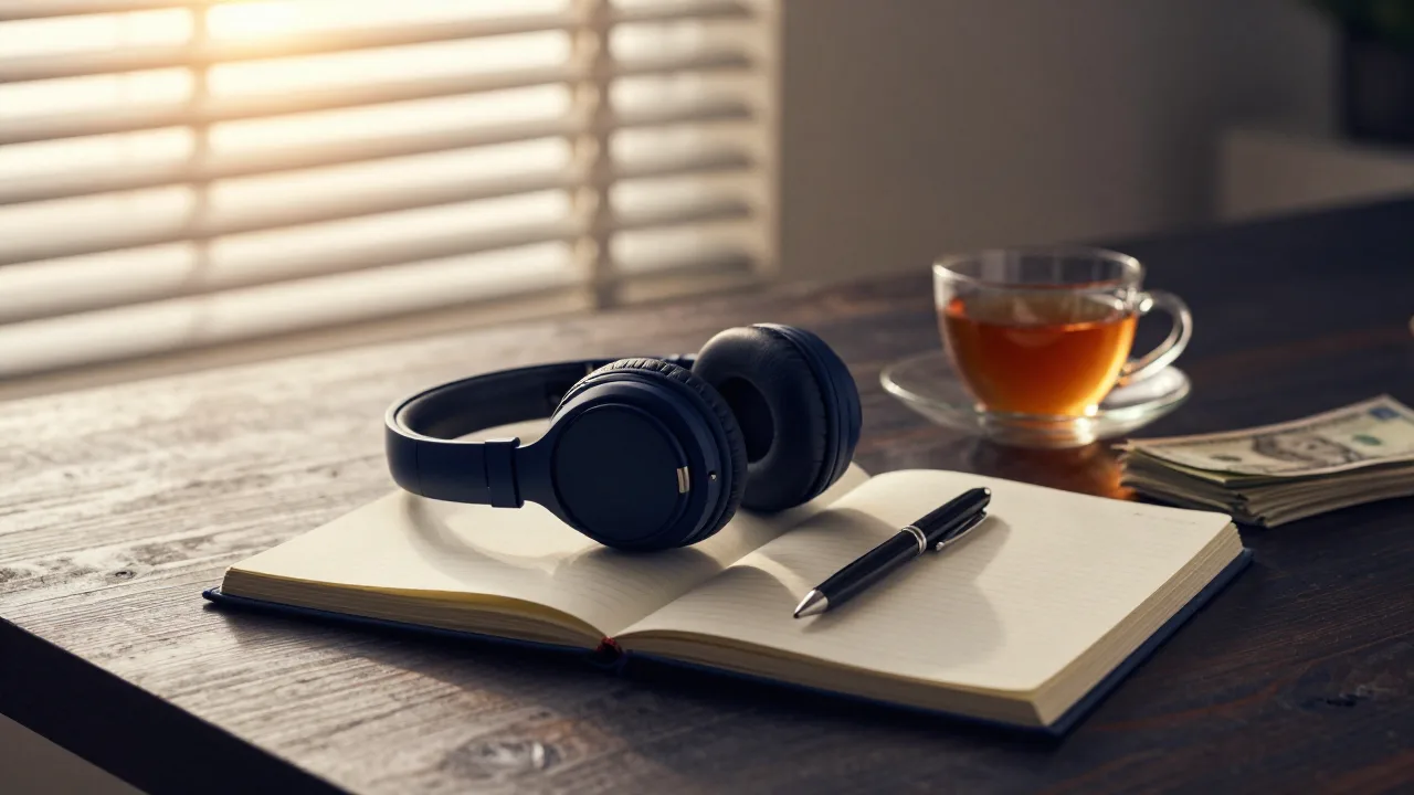 Headphones beside a journal and soft golden light