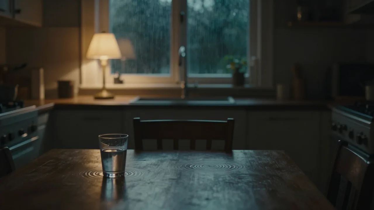 Empty wooden chair in a dark kitchen at midnight with one lamp and rain on the window