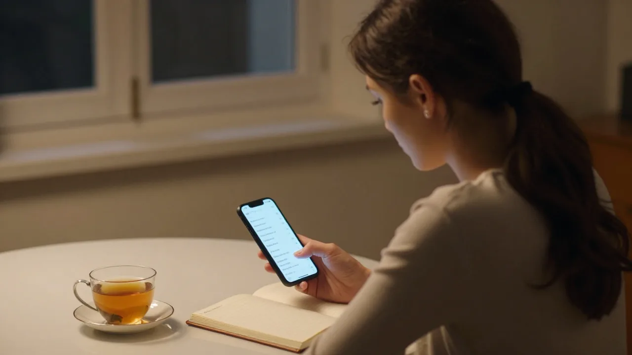 Woman looking at an unread message beside a notebook